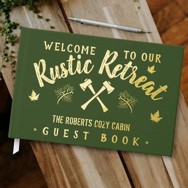 Cabin Rustic Retreat Personalisiert Name Green Gol Gästebuch (Von Creator hochgeladen)