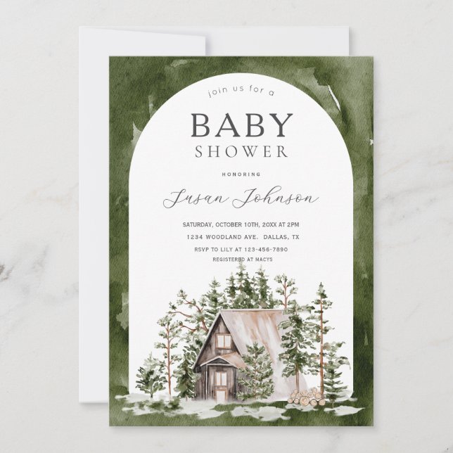 Cabin Theme Forest Woodland Green Baby Dusche Einladung (Vorderseite)