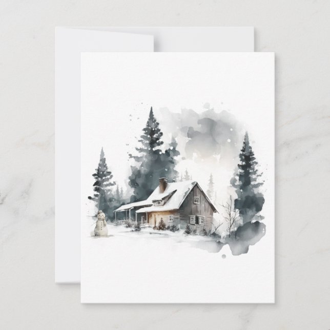 Cabine aquarelle dans la carte de vacances neige (Devant)