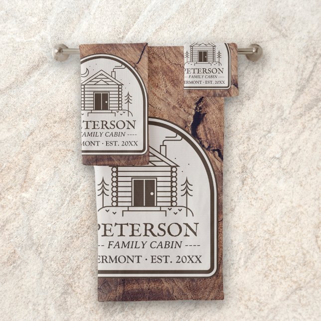 Cabine familial Bois rustique Décor personnalisé (Rustic Personalized Family Cabin Lake House Custom Decor Bath Towels Set Family Name Year)