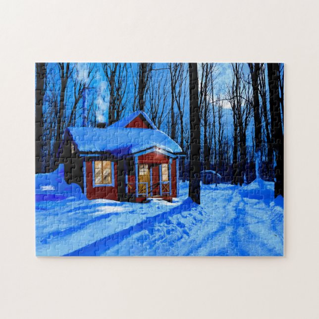 Cabine Rouge Dans Un Puzzle De Bois Neige (Horizontal)