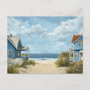 Cabines de plage bleues Carte postale d'art côtier