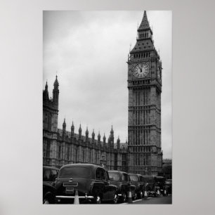 Cabines de taxi Big Ben en poster noir et blanc