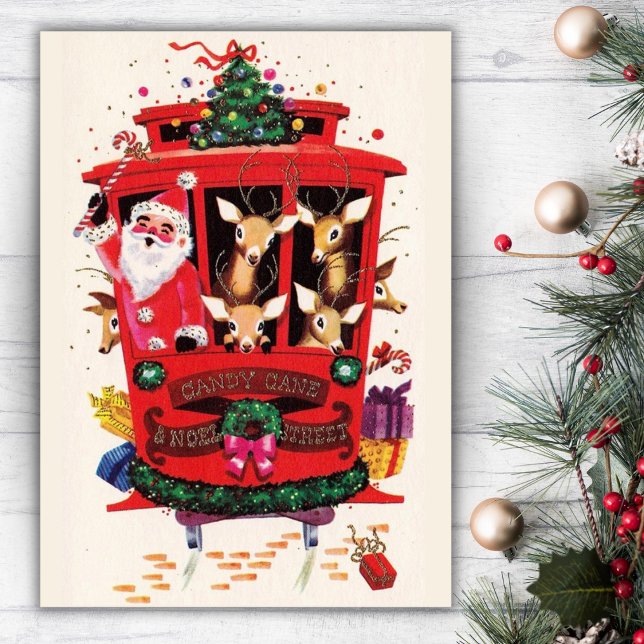 Cable Car Santa & Reindeer Weihnachten (Cable Car Santa & Reindeer Vintage Christmas Holiday Card)