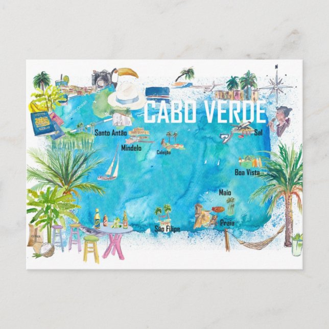 Cabo Verde Illustrierte Insel Karte (Vorderseite)