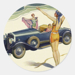 Cabrio-Oldtimer auf dem Strand Runder Aufkleber