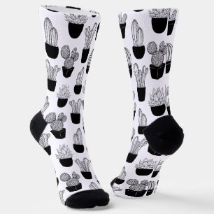 Cacti Black Line Art Large Patches Socken
