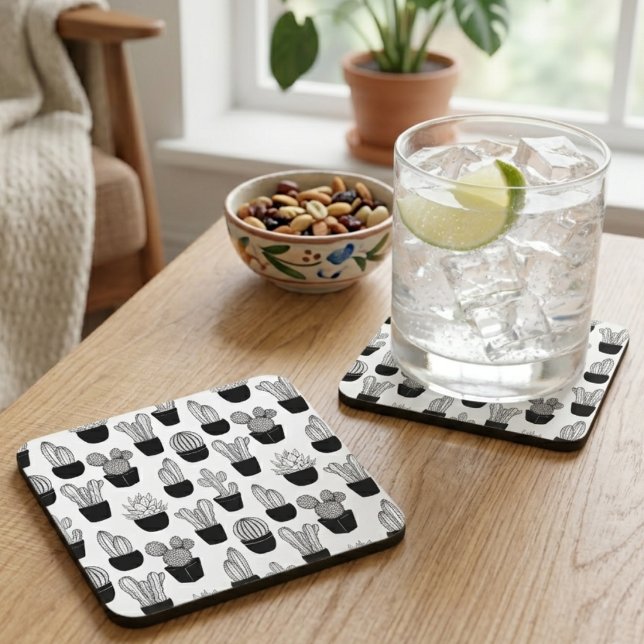 Cacti Black Line Art Pattern Getränkeuntersetzer (Von Creator hochgeladen)