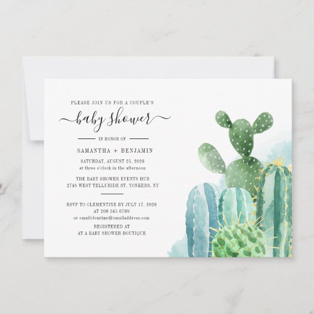 Cacti Botanical Watercolor Paare Kinderdusche Einladung (Vorderseite)