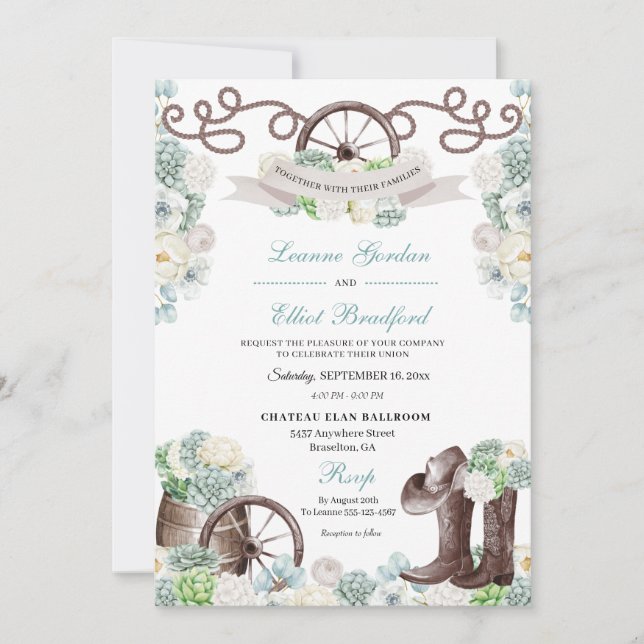 Cacti Floral Mint Green Western Cowboy Wedding Einladung (Vorderseite)