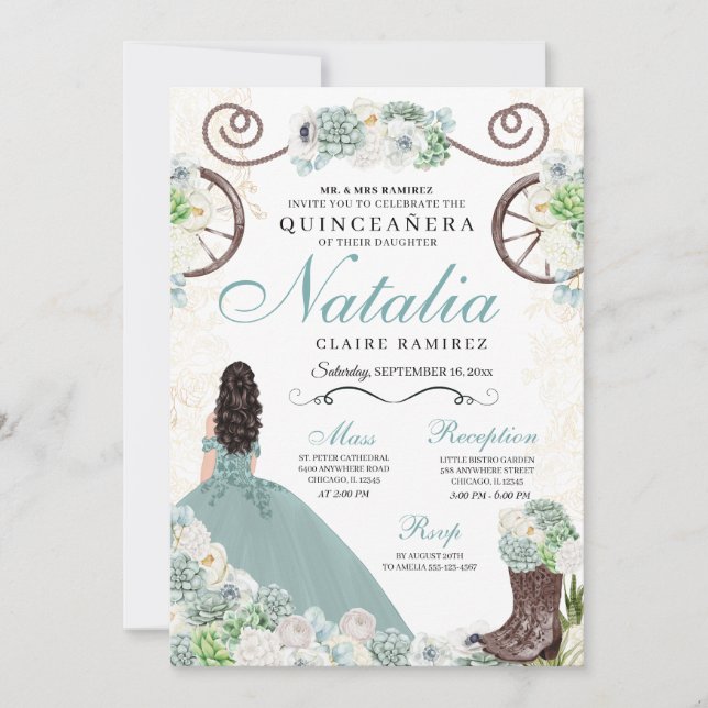 Cacti Floral Mint Grüner Western Charra Quinceaner Einladung (Vorderseite)