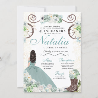 Cacti Floral Mint Grüner Western Charra Quinceaner Einladung