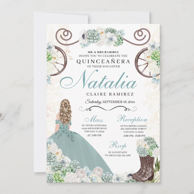 Cacti Floral Mint Grüner Western Charra Quinceaner Einladung (Vorderseite)