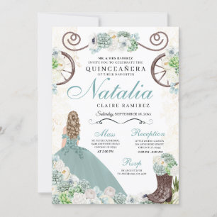 Cacti Floral Mint Grüner Western Charra Quinceaner Einladung