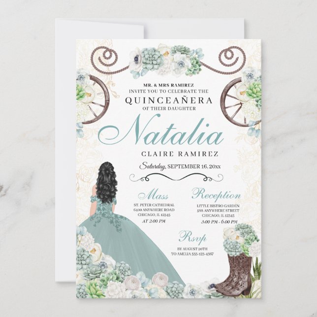 Cacti Floral Mint Grüner Western Charra Quinceaner Einladung (Vorderseite)
