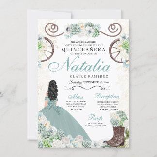 Cacti Floral Mint Grüner Western Charra Quinceaner Einladung