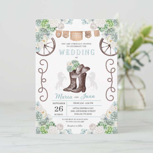 Cacti Floral Western Cowboy Boots Wedding Einladung (Stehend Vorderseite)