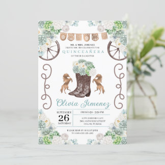 Cacti Floral Western Cowgirl Boots Quinceanera Einladung