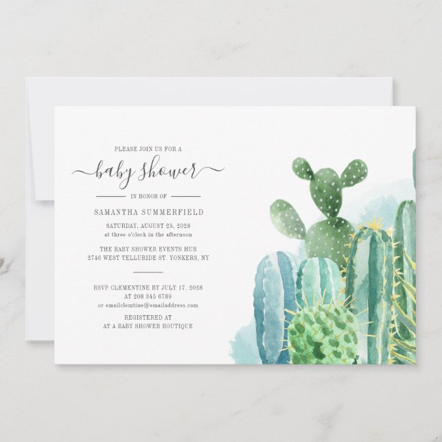 Cacti Pflanze Botanische Schrift Moderne Babydusch Einladung (Vorderseite)