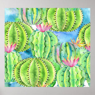 Cacti Wasserfarbe: Blumensommer Ornament. Poster