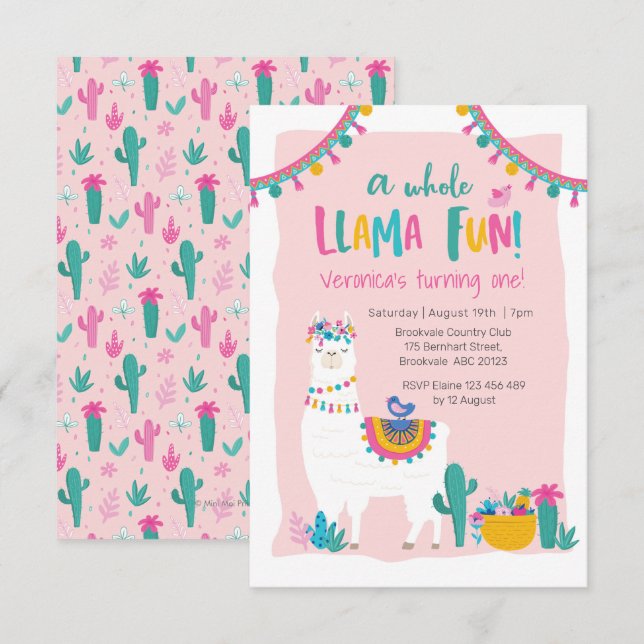 Cactus amusant Cute Llama Invitation d'anniversair (Devant / Derrière)