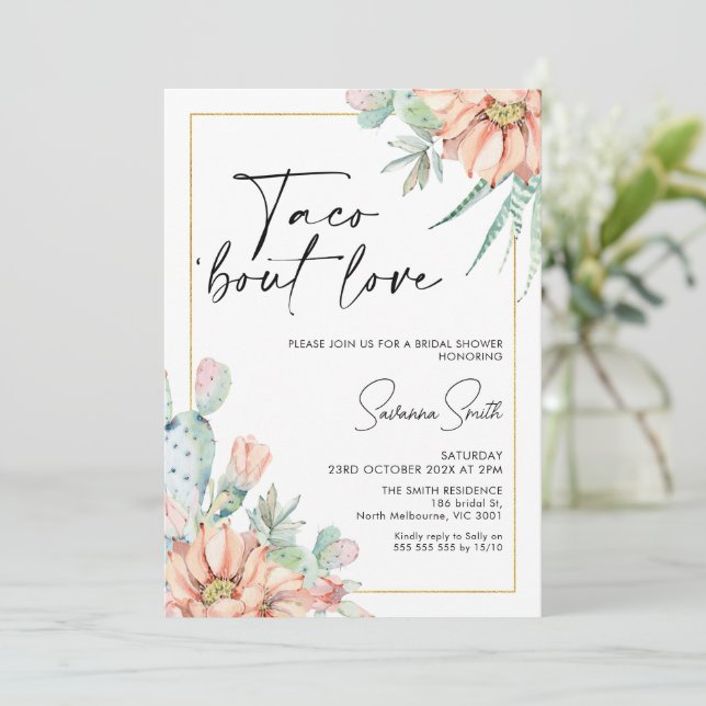 Cactus Apricot Floral Taco Bout Liebe Brautparty Einladung (Stehend Vorderseite)