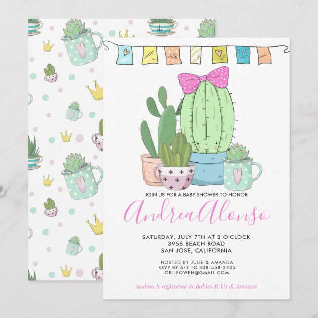 Cactus Baby Girl | Einladung der Babydusche (Vorne/Hinten)