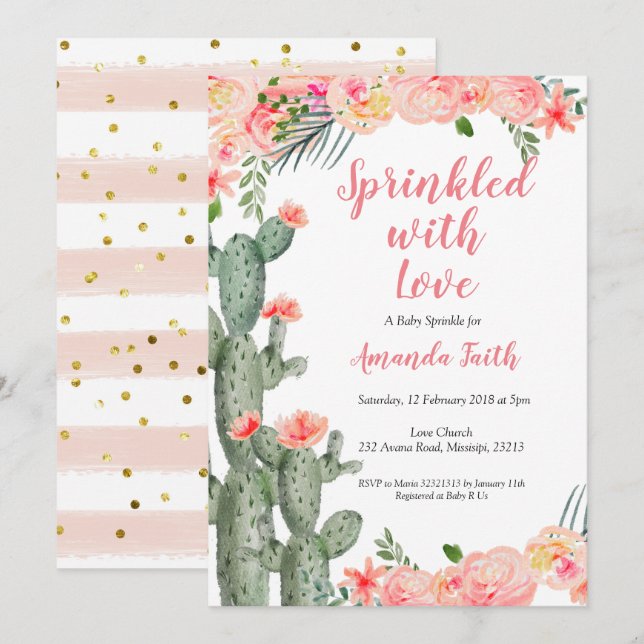 Cactus Baby Sprinkle Invitation Card Floral (Devant / Derrière)