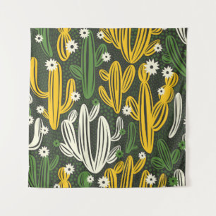 Cactus Black Background Vintag Pattern Wandteppich