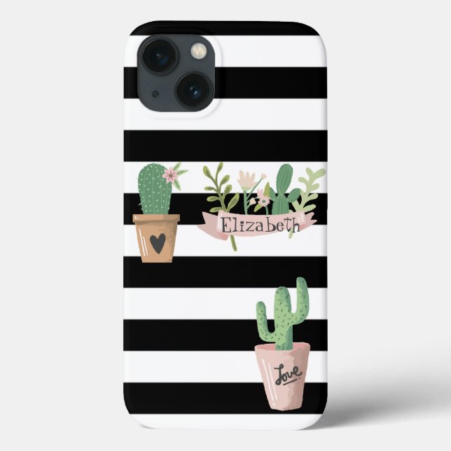 Cactus Blume Schwarz-weiß Stripes Case-Mate iPhone Hülle (Rückseite)
