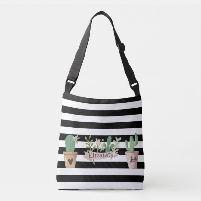 Cactus Blume Schwarz-weiß Stripes Tragetaschen Mit Langen Trägern (Vorderseite)