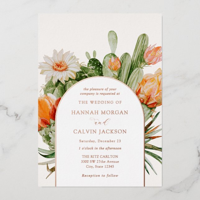 Cactus Boho Wedding Foil Einladung (Vorderseite)