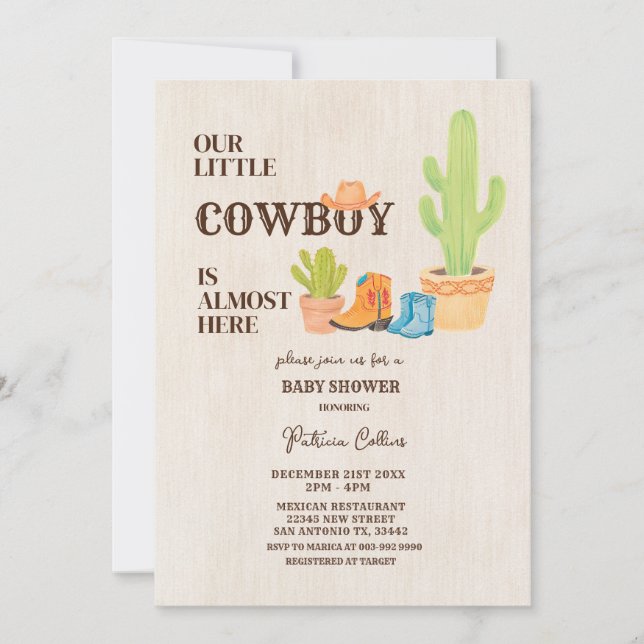 Cactus Boot Our Little Cowboy Rodeo Baby Shower Einladung (Vorderseite)
