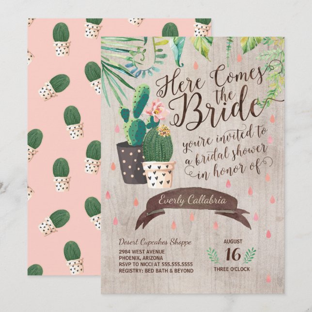 Cactus Bridal Shower Invitation - Wüstenchic Einladung (Vorne/Hinten)