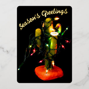 Cactus Candle Wrapped in Christmas Lights Folien Feiertagskarte
