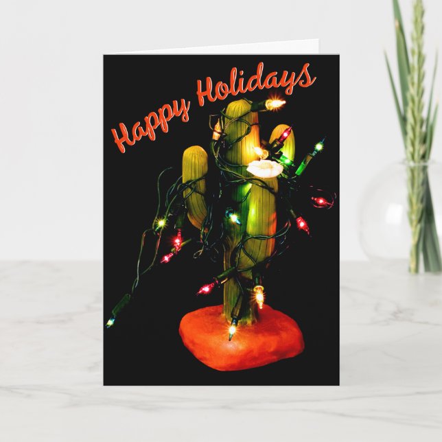 Cactus Candle Wrapped in Christmas Lights Karte (Vorderseite)