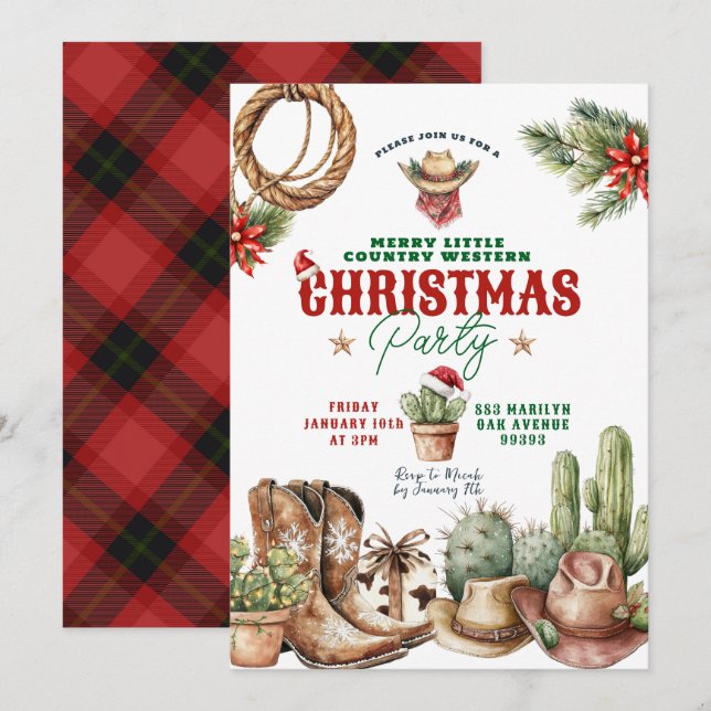 Cactus Christmas Karierter Western Weihnachten Par Einladung (Vorne/Hinten)