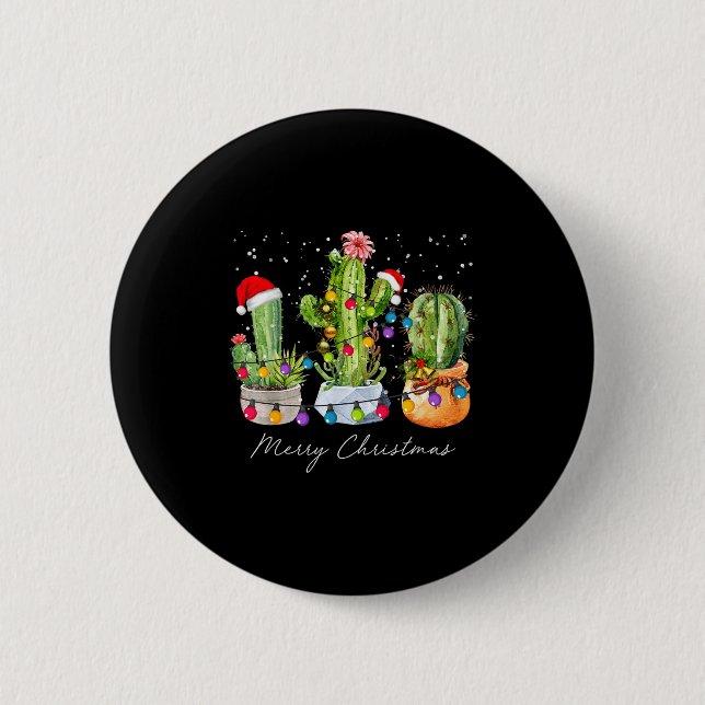 Cactus Christmas Xmas Trees Lights Santa Hat Cactu Button (Vorderseite)