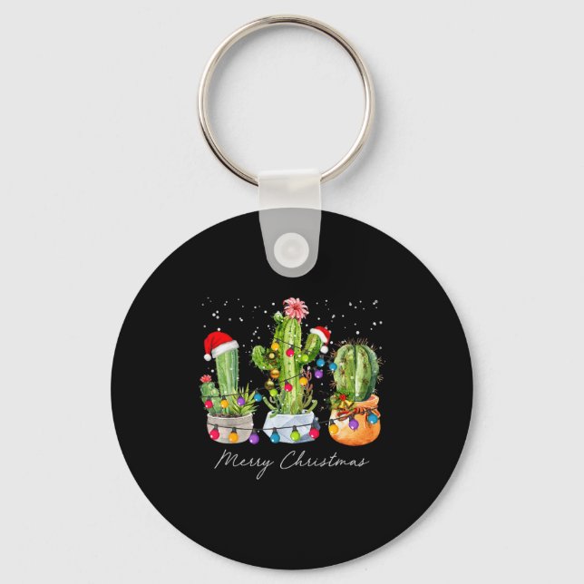 Cactus Christmas Xmas Trees Lights Santa Hat Cactu Schlüsselanhänger (Vorderseite)