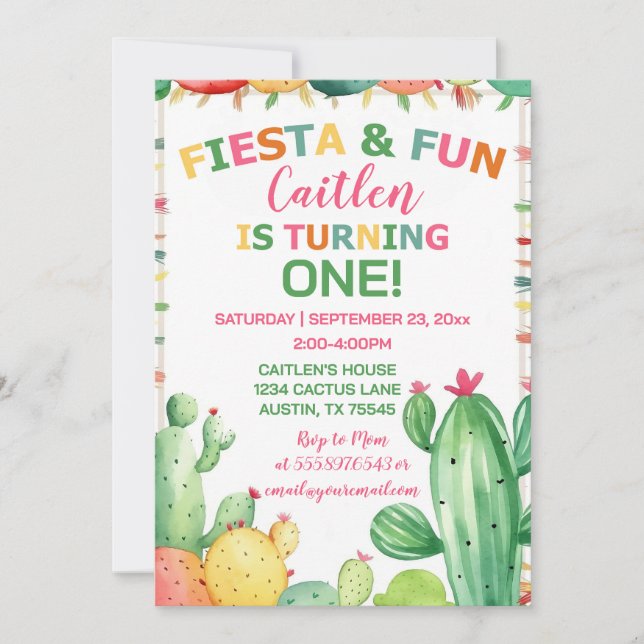 Cactus Fiesta First Birthday Girl Colorful Einladung (Vorderseite)