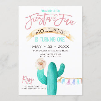Cactus First Birthday Watercolor Mint Coral Einladung