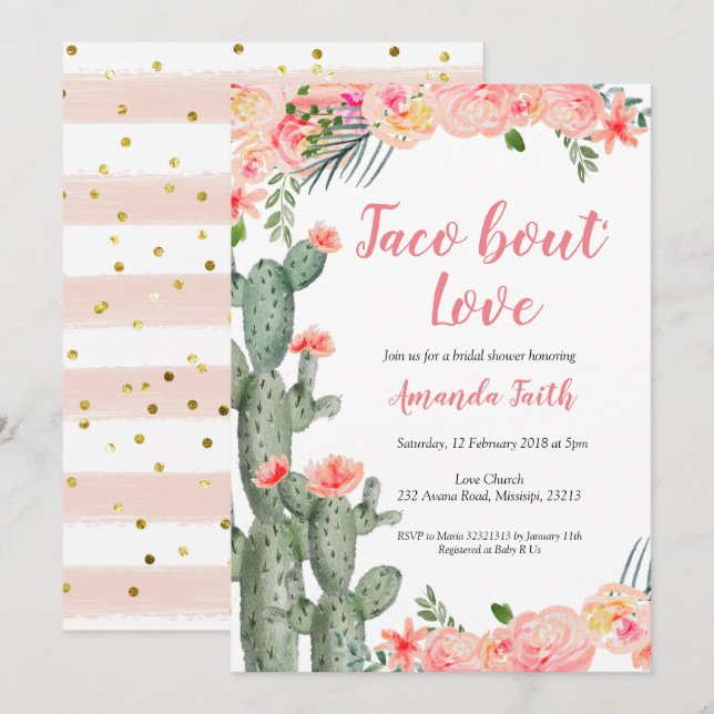 Cactus Floral Taco über Liebe Brautparty Einladung (Vorne/Hinten)