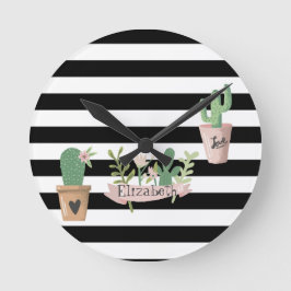 Cactus Flower Black White Stripes  Runde Wanduhr