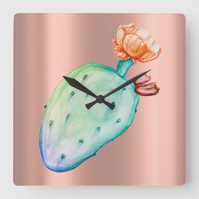 Cactus Flower Rose Gold Copper Blush Watercolor Quadratische Wanduhr (Vorderseite)