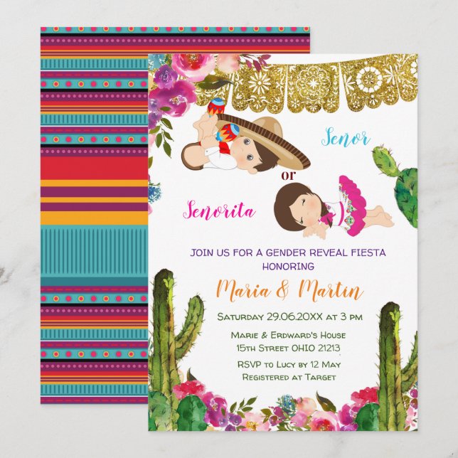 Cactus Gender Reveal Fiesta Einladung (Vorne/Hinten)