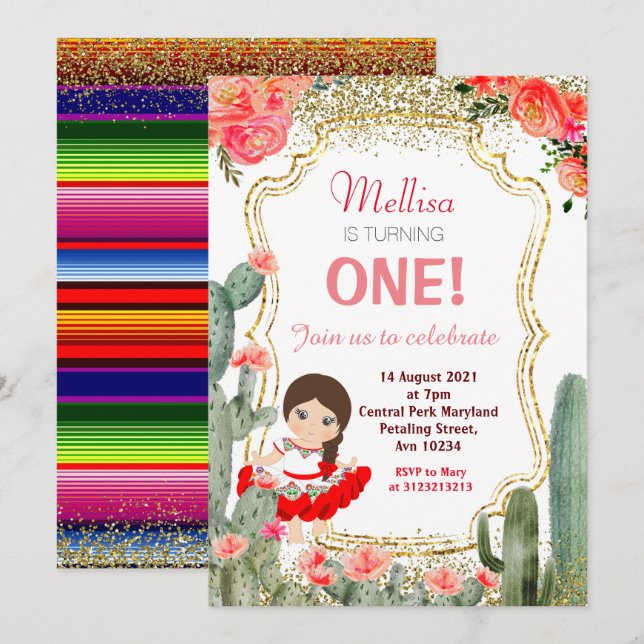 Cactus Girl Mexican Fiesta Birthday Party Einladung (Vorne/Hinten)