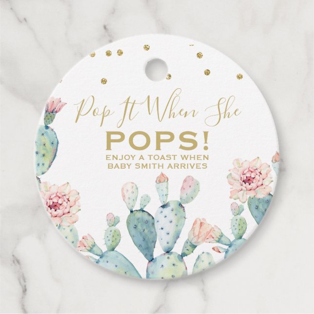 Cactus Gold Calligraphy Baby Shower Pop Es favoris Geschenkanhänger (Vorderseite)