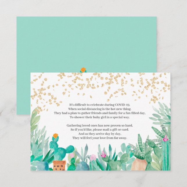 Cactus gold Glitzer Wasserfarben Babydusche Einladung (Vorne/Hinten)