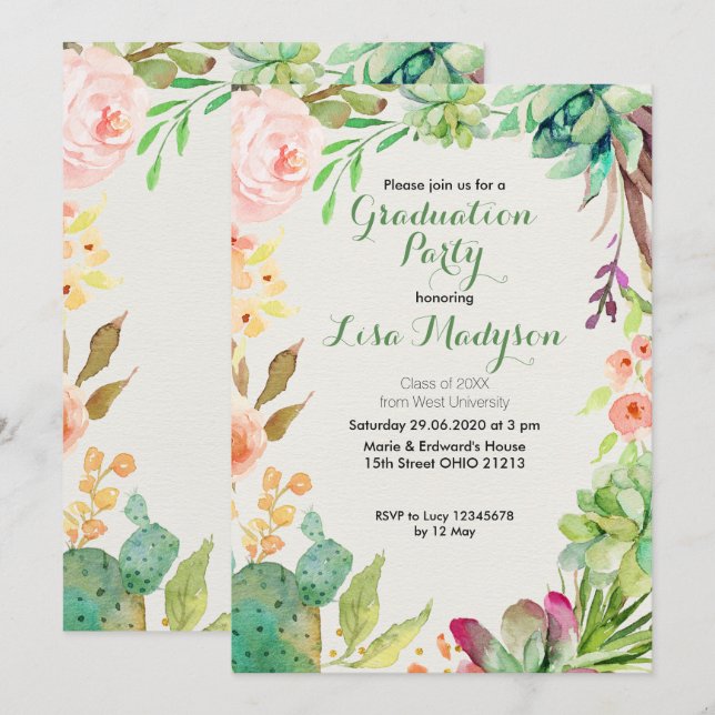 Cactus Graduation Party Einladung Südwesten (Vorne/Hinten)