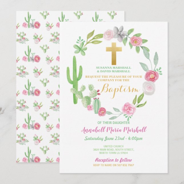 Cactus Green Baptisse Christening Cacti Pink Einladung (Vorne/Hinten)